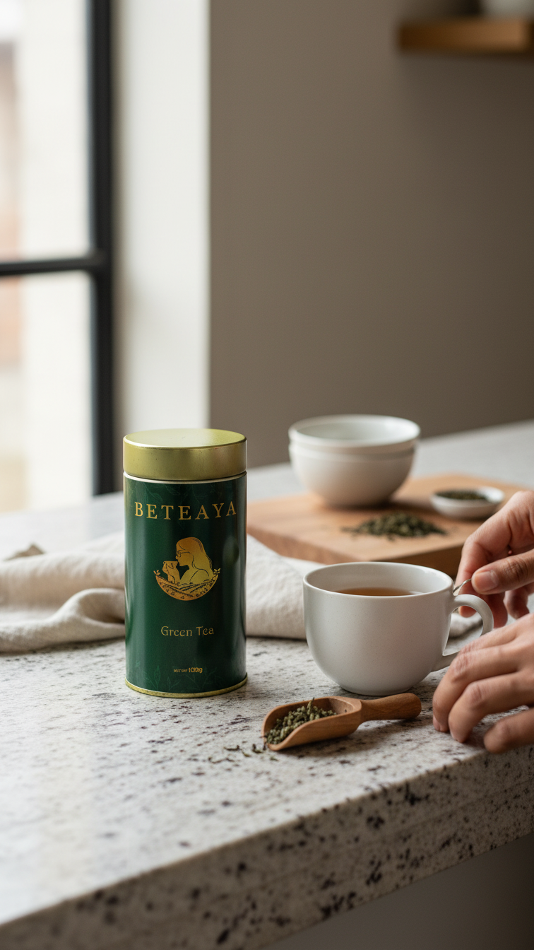 Beteaya tea canister on a kitchen counter with a cup of tea and tea leaves.