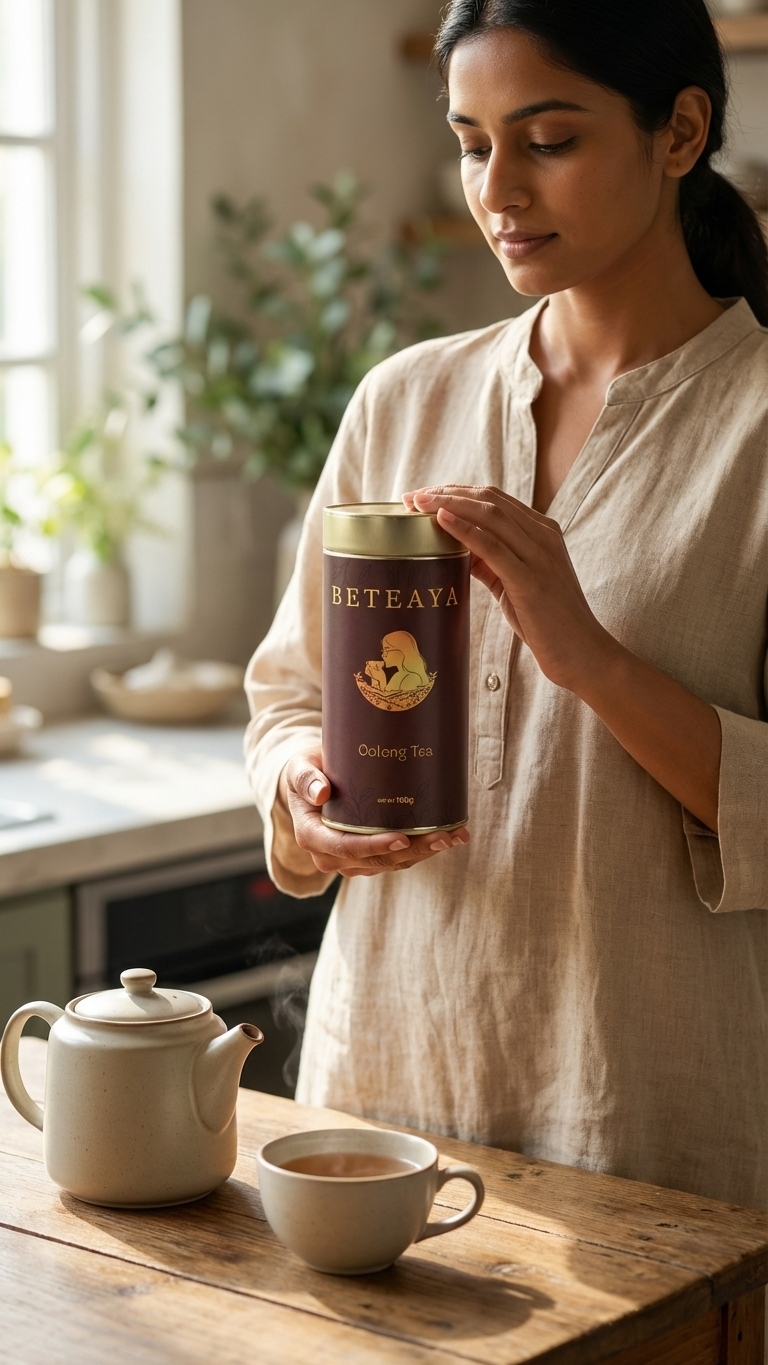 Woman holding a canister of Beteaya tea in a kitchen setting.