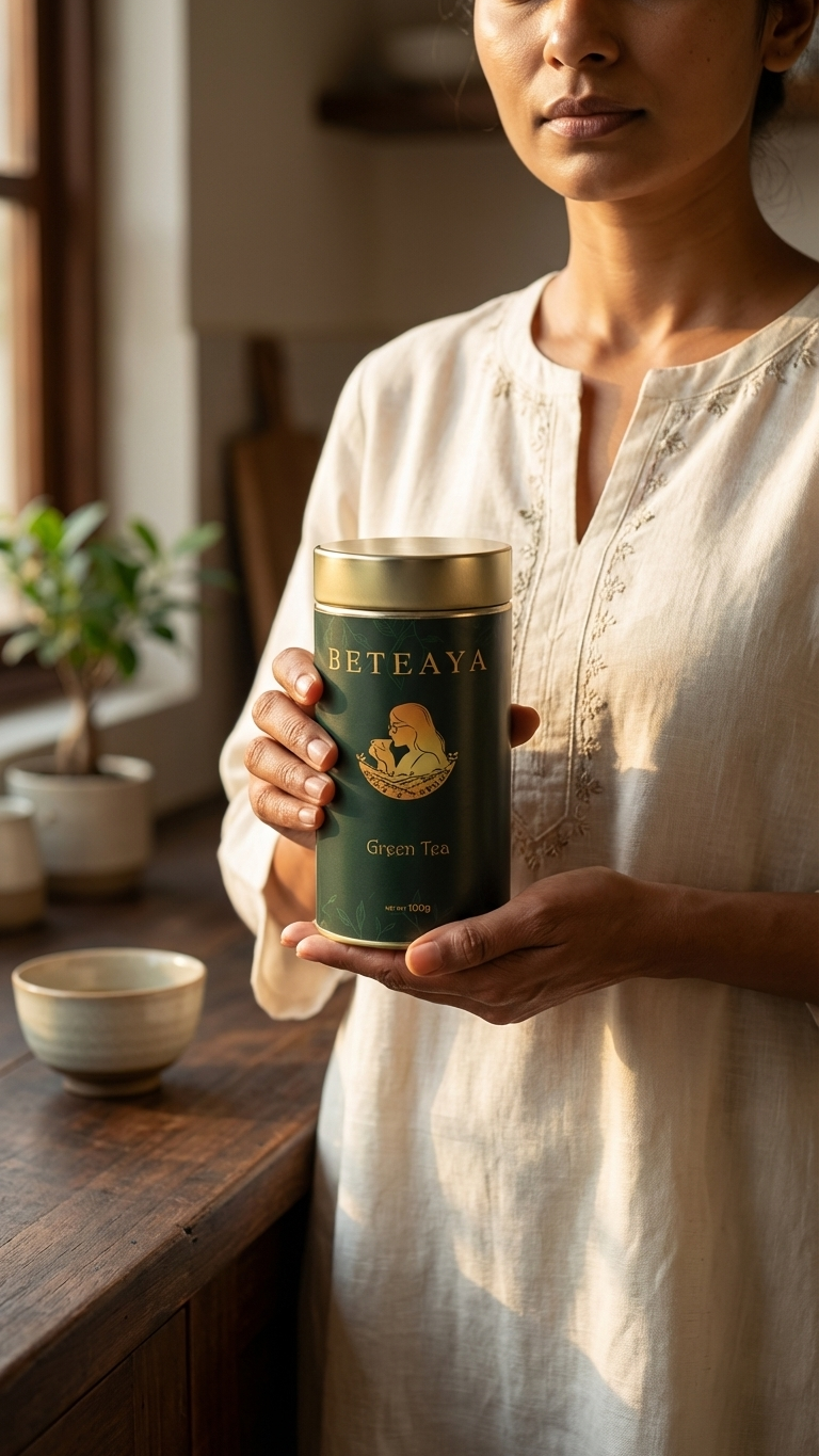 Person holding a Beteaya tea canister in a warm, indoor setting.