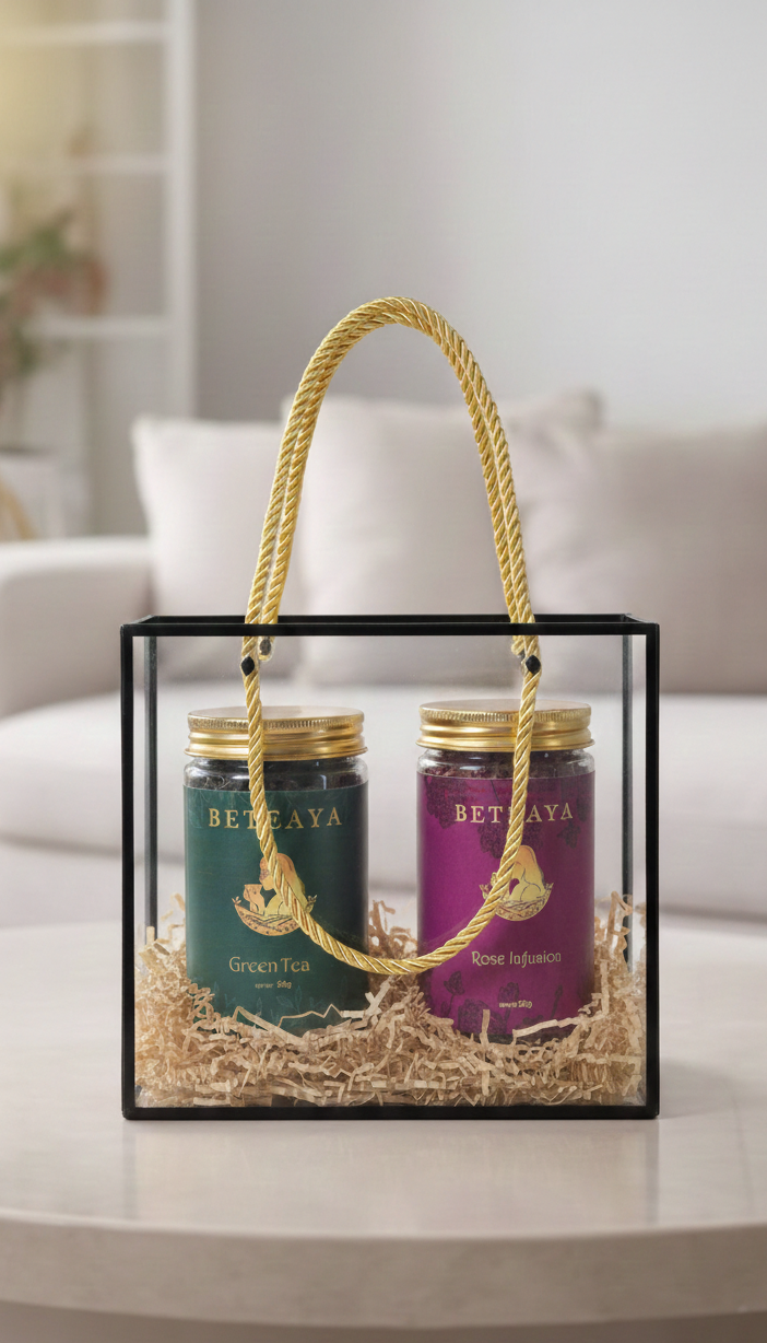 Beteaya Premium Tea Gift Set – Green Tea & Rose Infusion Duo in Elegant Clear Hamper Box