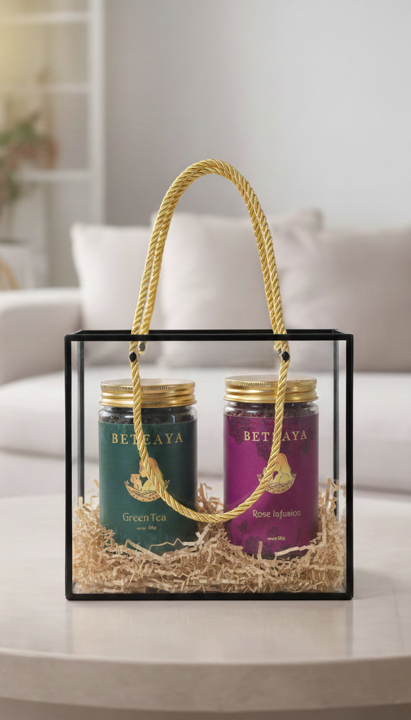 Beteaya Premium Tea Gift Set – Green Tea & Rose Infusion Duo in Elegant Clear Hamper Box