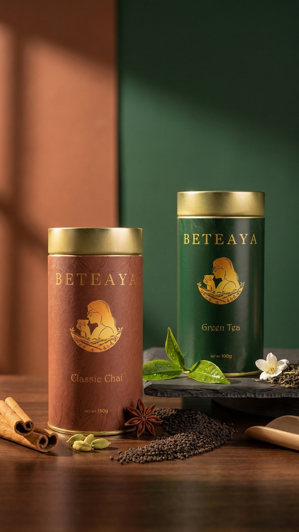 Two Beteaya tea canisters on a wooden surface with green tea leaves and classic chai from Beteaya