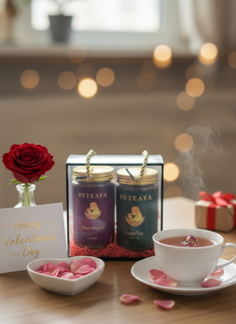 Beteaya Premium Tea Gift Set – Green Tea & Rose Infusion Duo in Elegant Clear Hamper Box