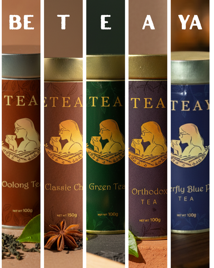 Collection of Beteaya tea canisters with different tea types on a white background