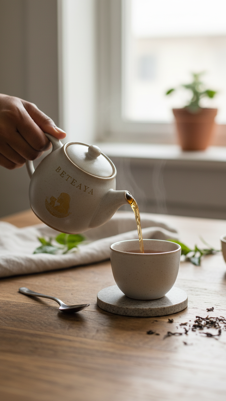 Tea being poured from a white teapot into a cup on a wooden table.