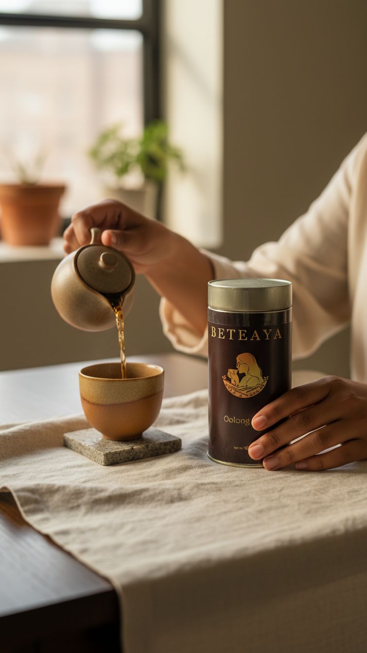 Person pouring coffee from a pot into a cup next to a can of Beteaya assam tea on a table.