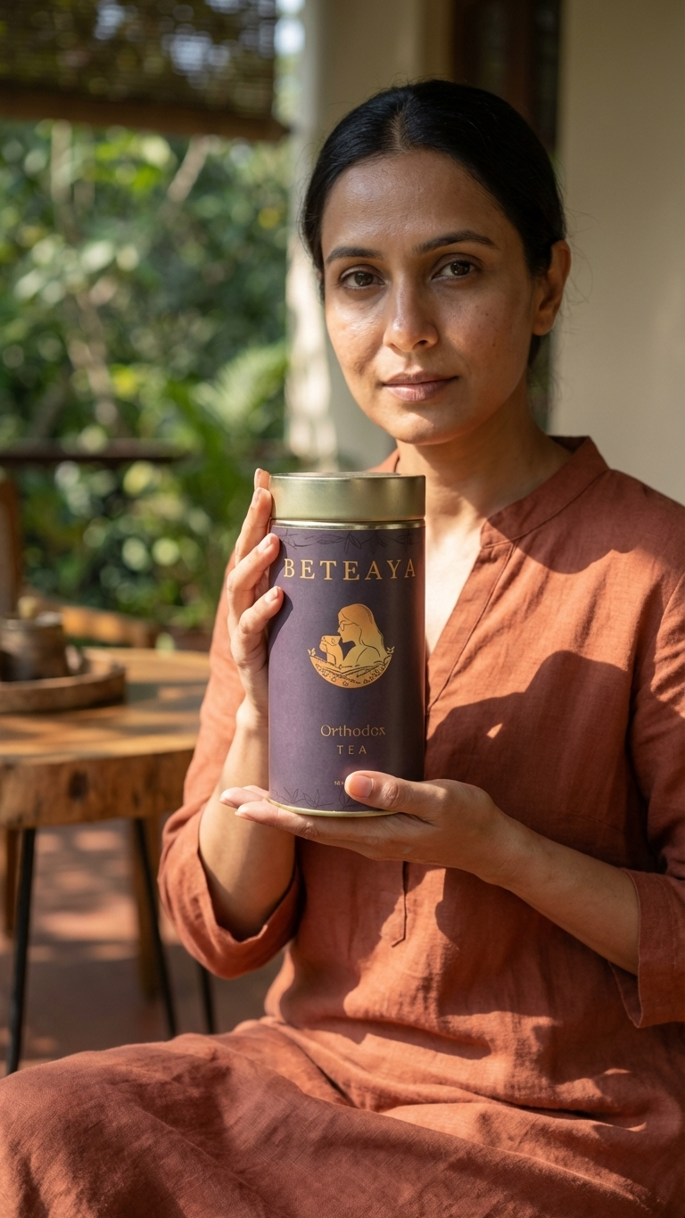 Woman holding a container of Beteya tea outdoors
