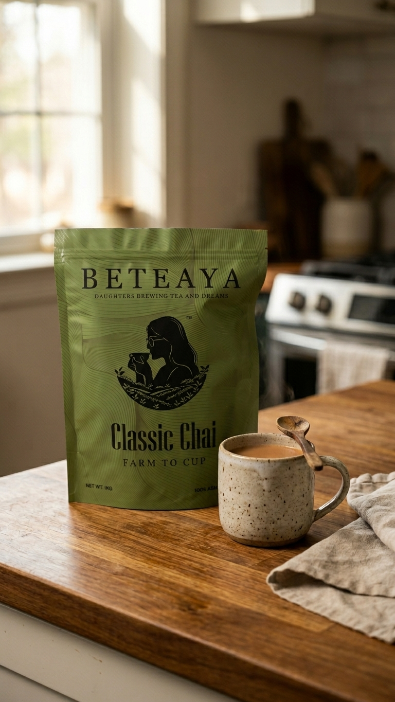 Beteaya Classic Chai bag on a wooden counter with a mug of chai.