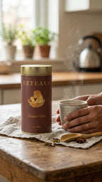 Beteaya chai canister with a person holding a steaming cup on a wooden table.