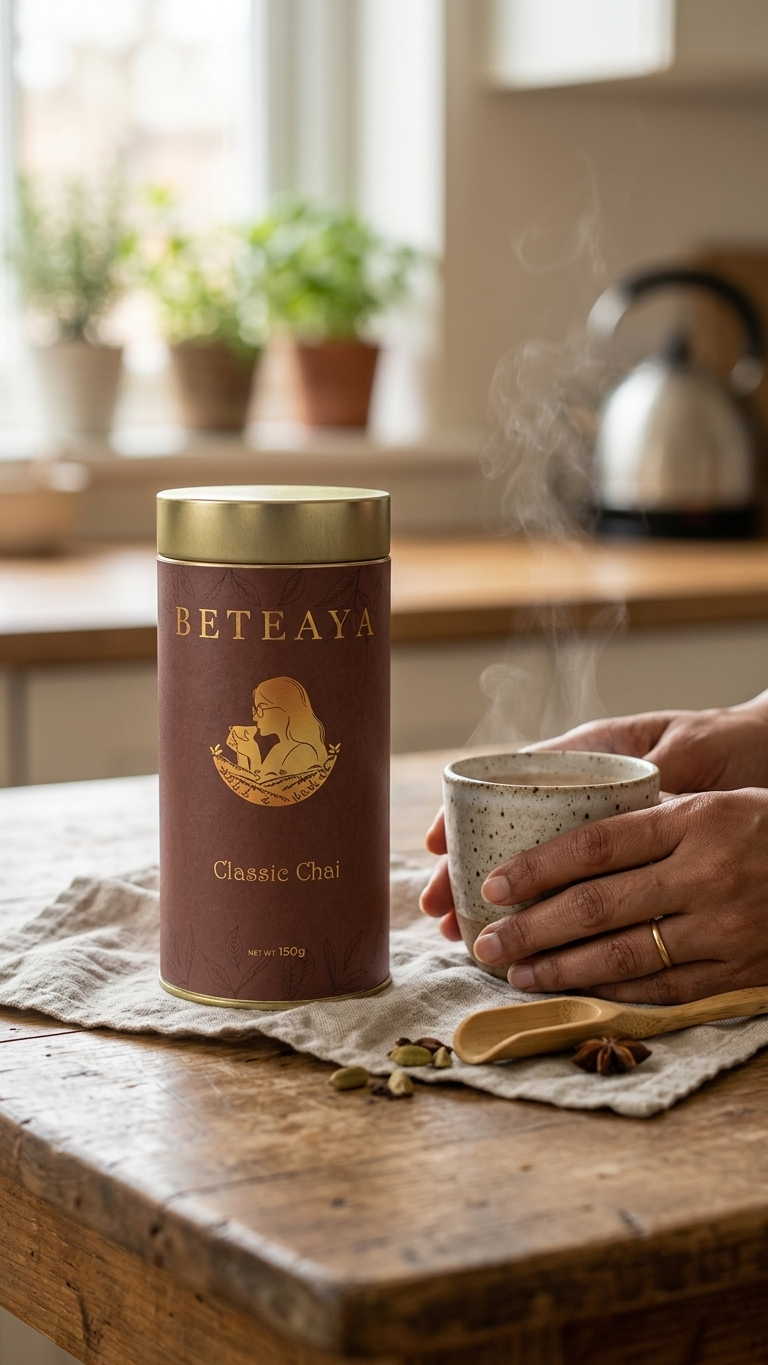 Beteaya chai canister with a person holding a steaming cup on a wooden table.