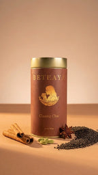 Beteaya Classic Chai tea canister with spices on a beige background