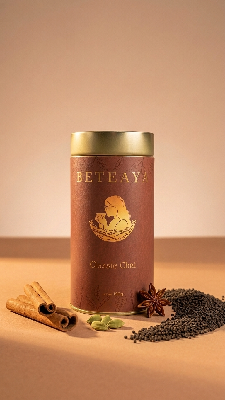 Beteaya Classic Chai tea canister with spices on a beige background
