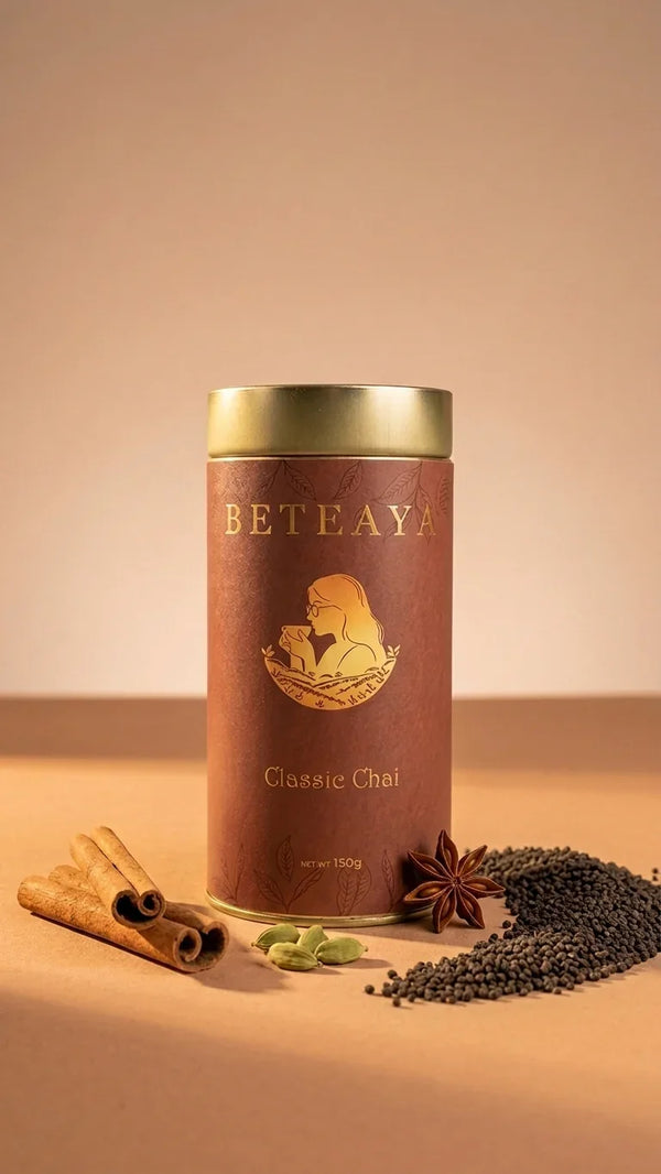Beteaya Classic Chai tea canister with spices on a beige background