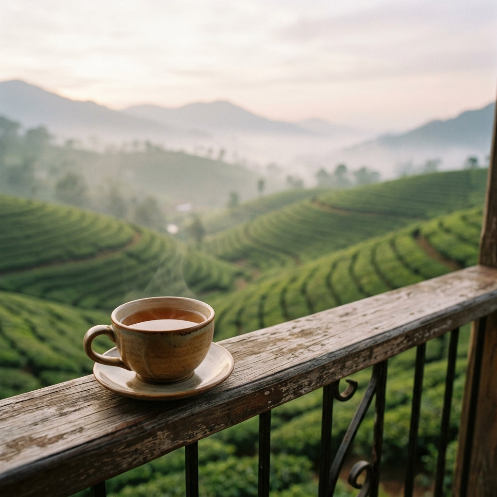 Cup of tea on a saucer with a scenic view of green tea plantations and mountains in the background.