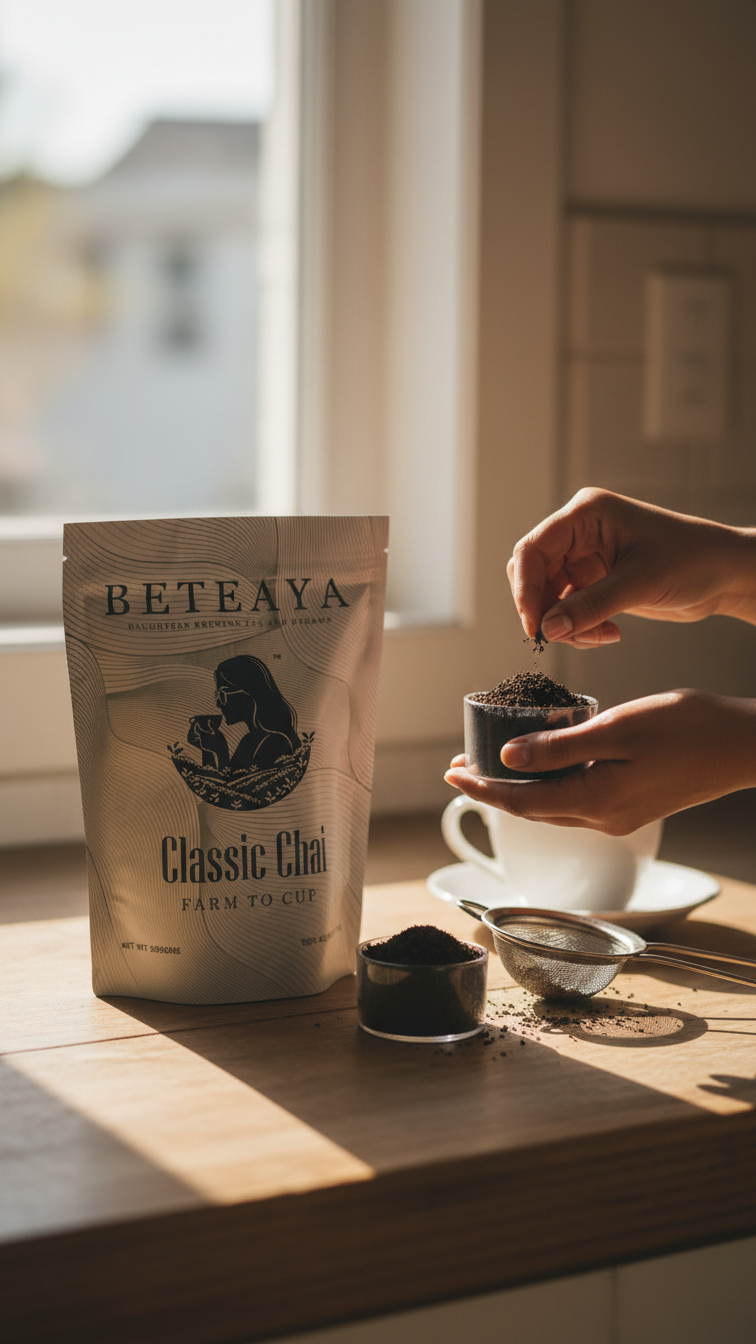 Person preparing tea with Beteaya Classic Chai packaging on a wooden surface.