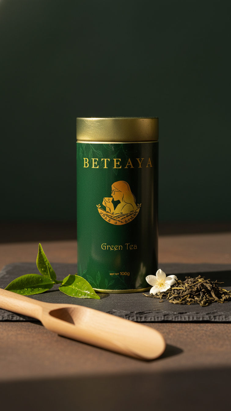 Green tea canister with leaves and a wooden spoon on a dark surface