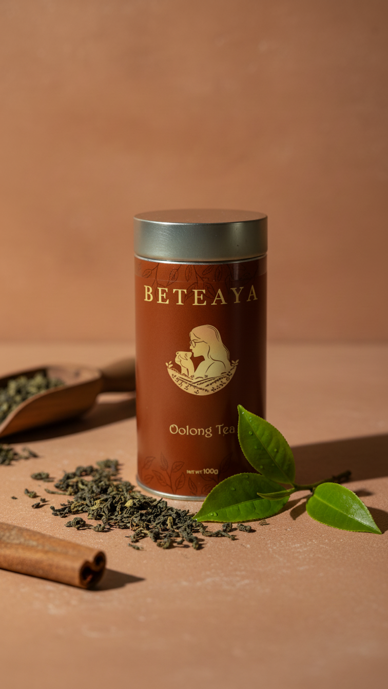 Beteaya Oolong Tea canister with tea leaves and cinnamon on a brown background